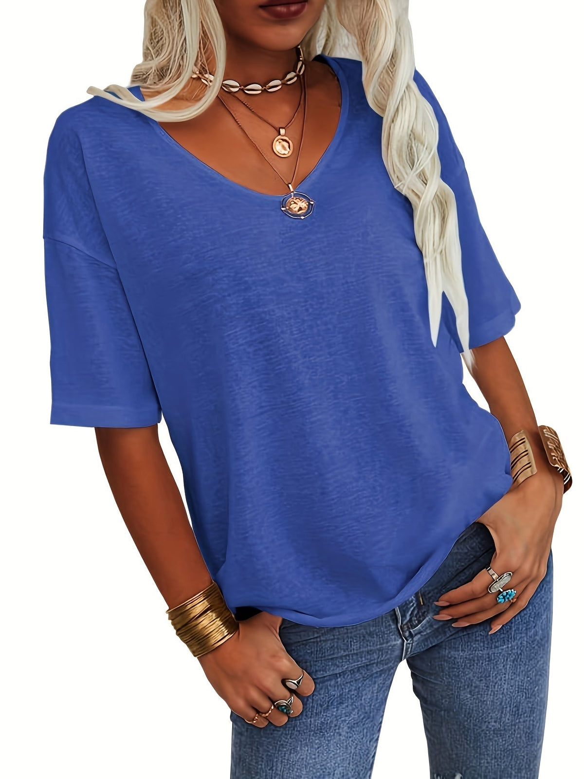 Solid Color V Neck T-shirt, Casual Short Sleeve T-Shirt