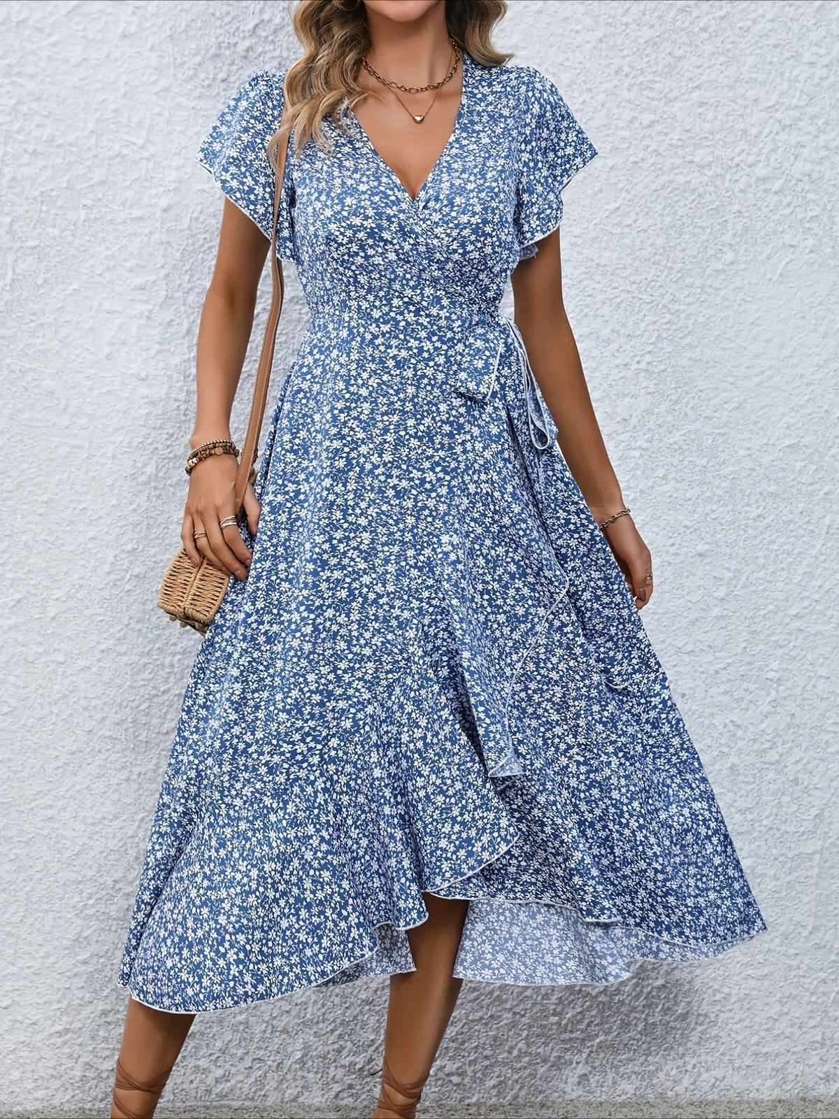 Women's Floral Print Surplice Dress with Flutter Sleeves and Ruffle Hem