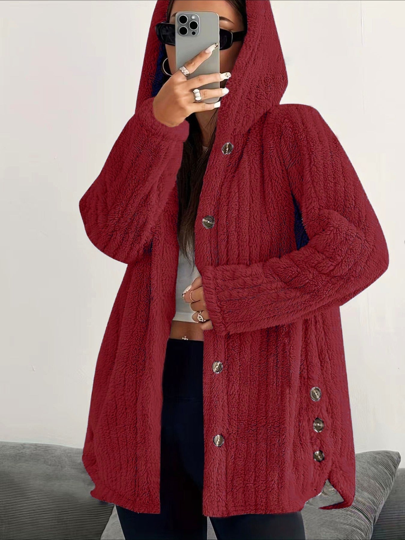 Solid Color Long Sleeve Hooded Loose Jacket