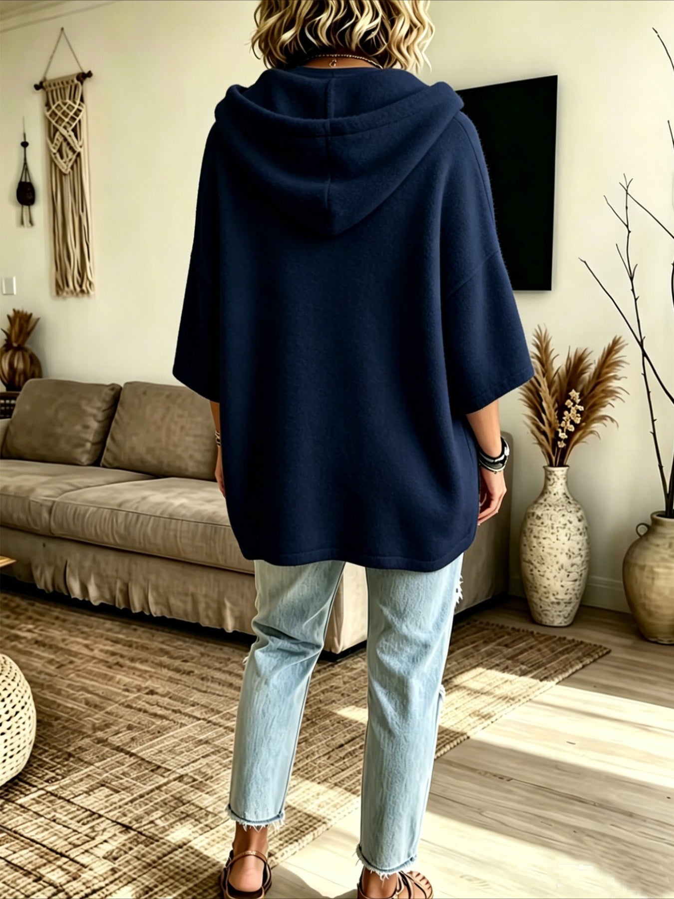 Loose 3/4 Sleeve Hooded Drawstring Bat-sleeved Sweatshirt