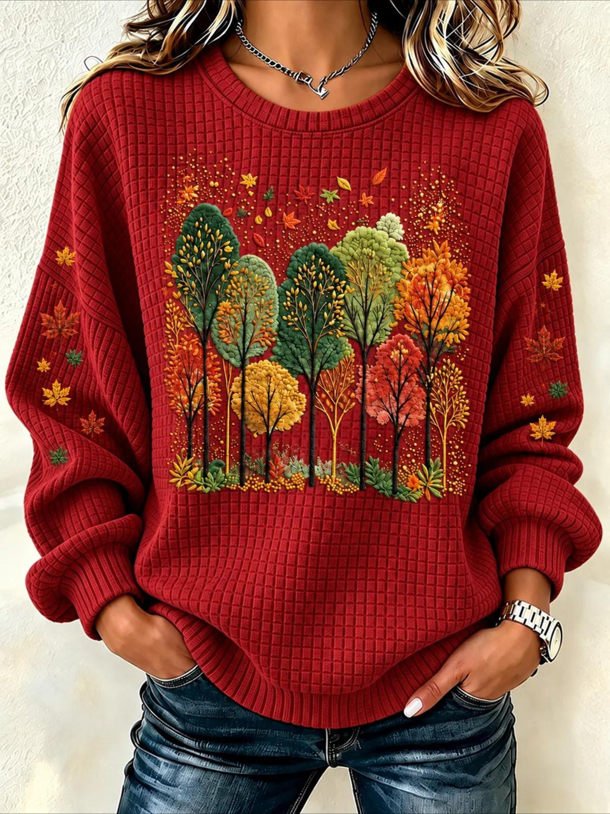 Maple Leaf Printing Casual Crew Neck Regular Fit Sweatshirt