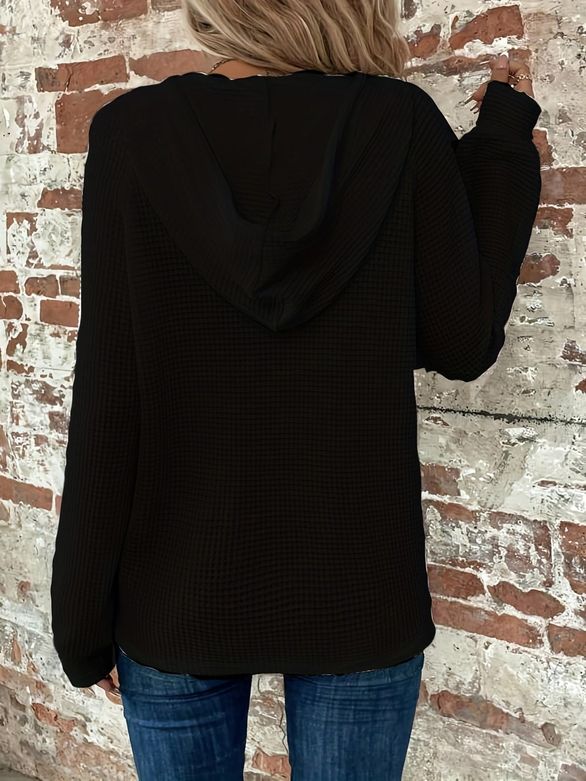 Waffle Button Front Loose Hoodie, Casual Long Sleeve Drawstring Hoodies Sweatshirt