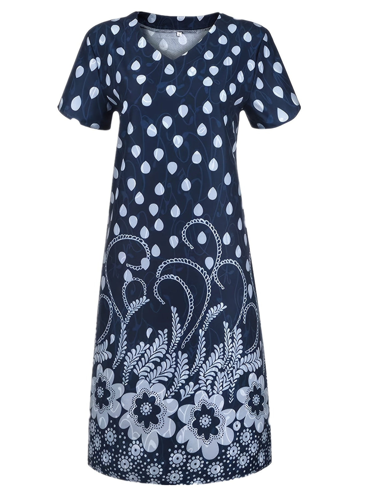 Retro Print Loose Long Dress, Short Sleeve V-neck Waist Summer Dresses