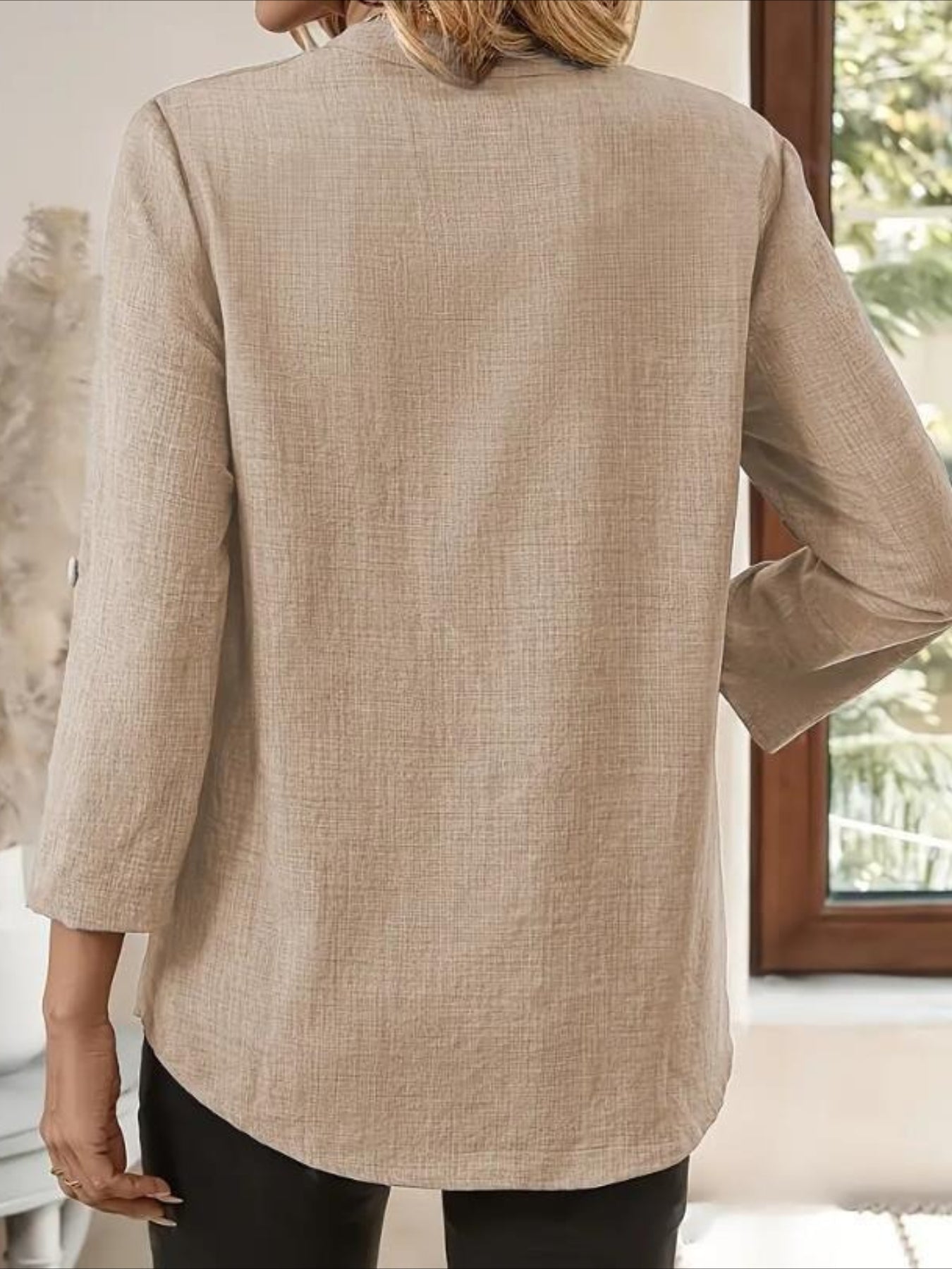 Three Quarter Sleeve Shirt Spring/Fall Apricot Plain Split Joint V Neck Daily Going Out Casual Top