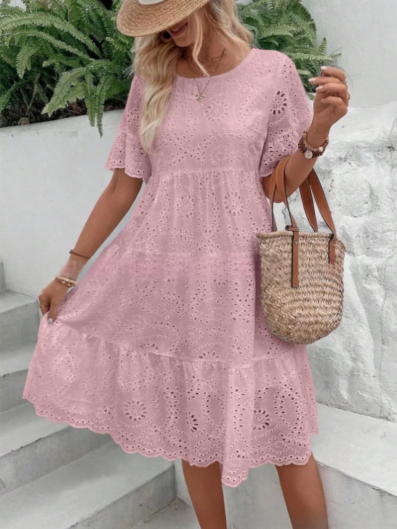 Embroidered Dress with a Hollowed-Out Lining in a Pure Color