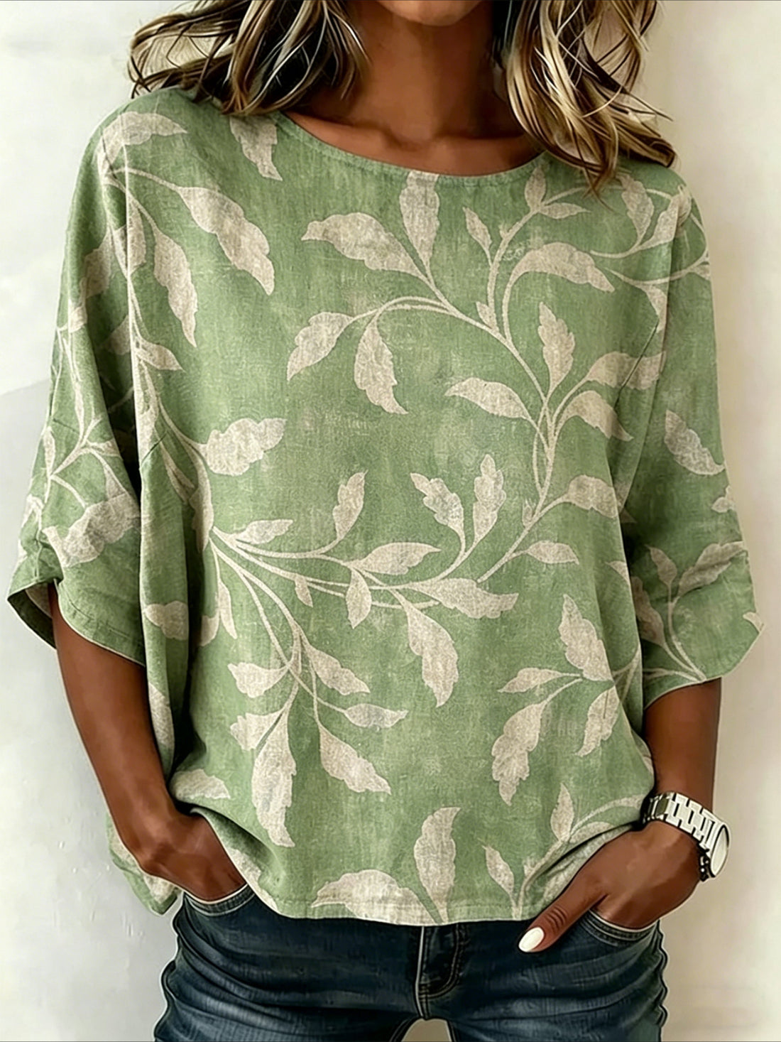 Leaf Prints Loose Cotton and Linen Vintage Shirt