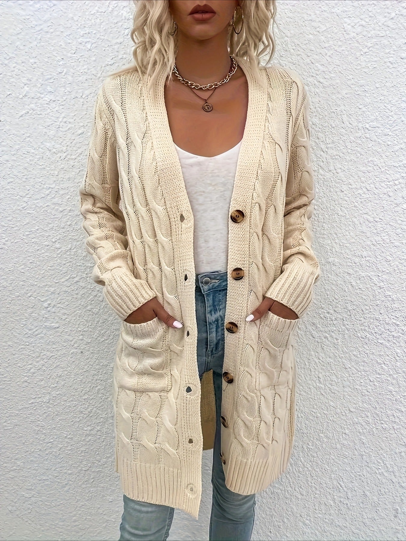 Elegant Long Nylon Soft Warm V-Neck Long Sleeves Sweater with Button Front