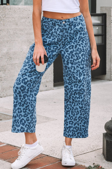 Sky Blue Leopard Print Straight Loose Jeans