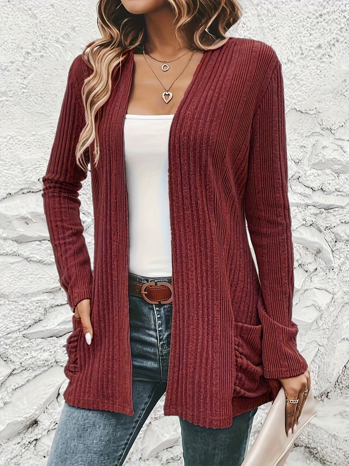 Solid Open Front Rib Knit Cardigan, Casual Long Sleeve Slim Cardigan With Pocket