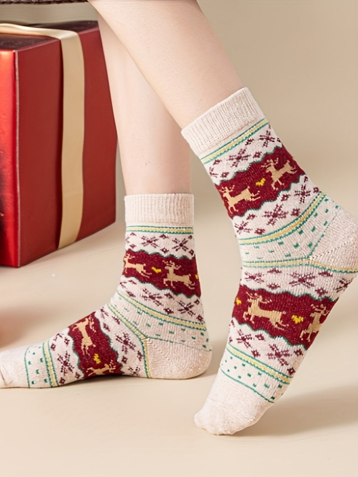 5 Pairs Christmas Elk Print Socks, Comfy & Warm Mid Tube Socks