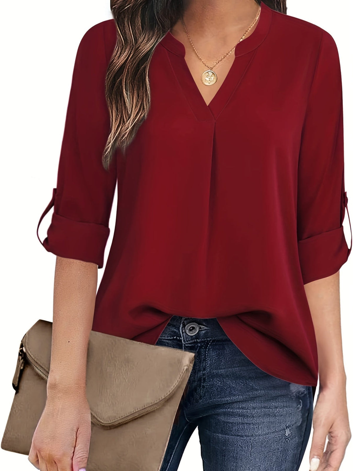 Solid Simple Blouse, Casual V Neck Long Sleeve Blouse