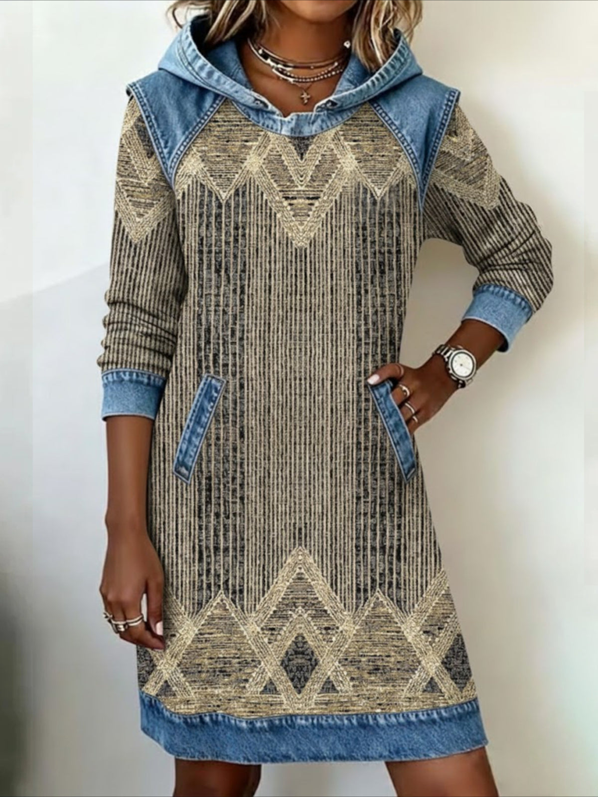 Denim Patchwork Abstract Long Sleeve Hoodie Printing Daily Vintage H-Line Spring/Fall Midi Dress
