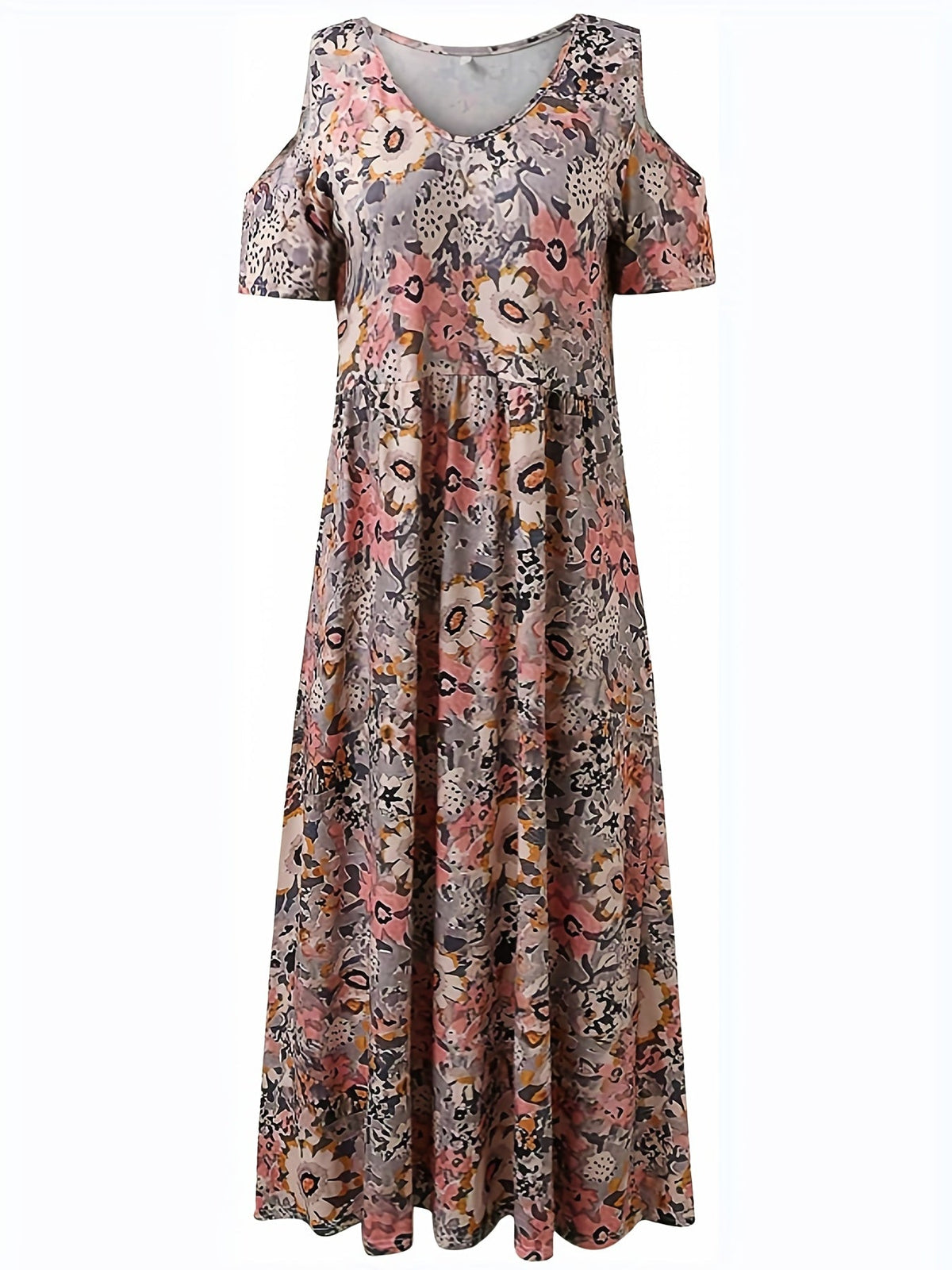 Floral Print Cold Shoulder Dress, Boho Casual V Neck Short Sleeve Ankle Dress