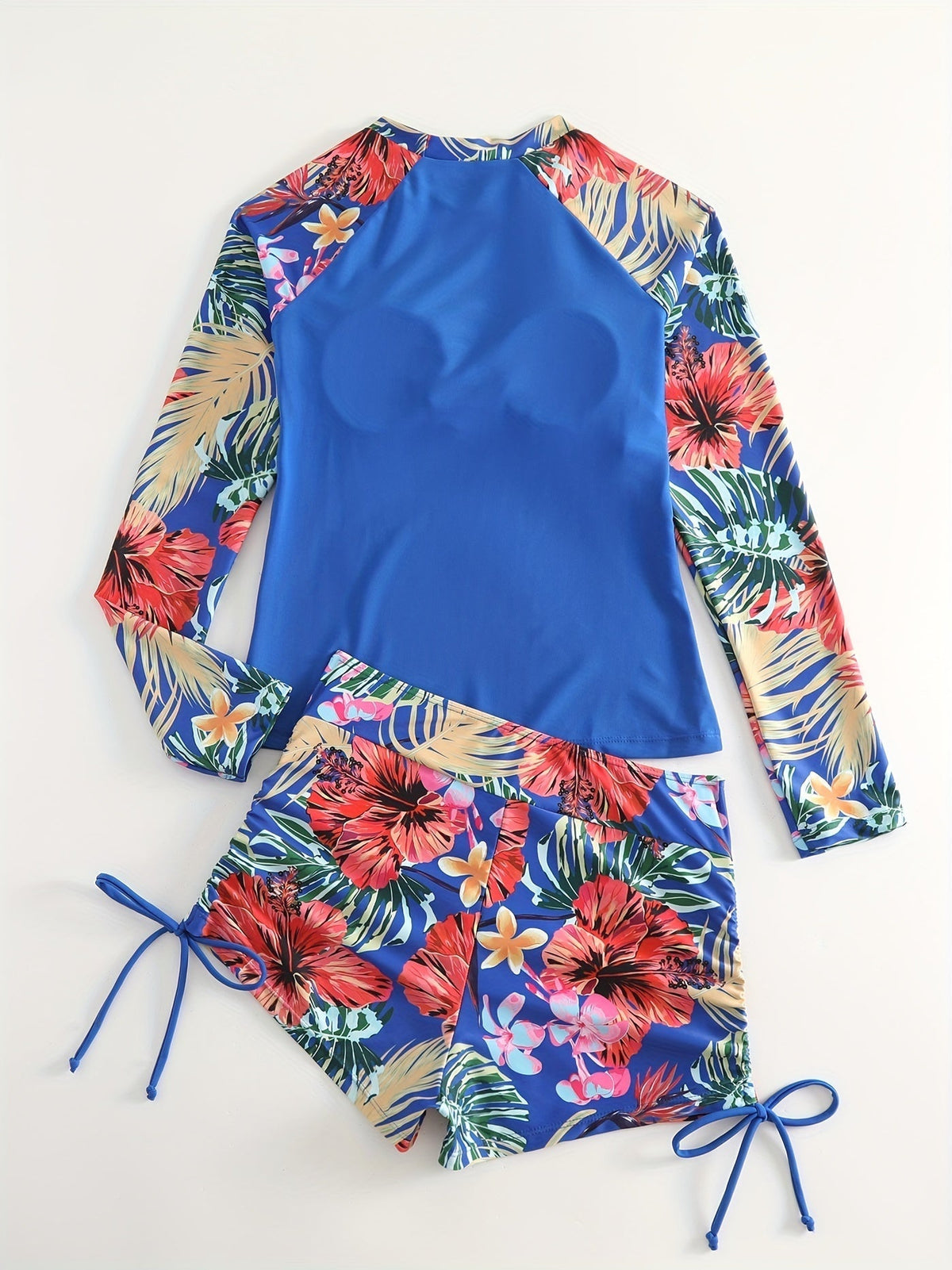 Blue Floral Print Drawstring Swimsuit, Long Sleeve Tropical Print High Strech 2 Piece Bathing Suit For Beach Surfing, Stylish & Comfy