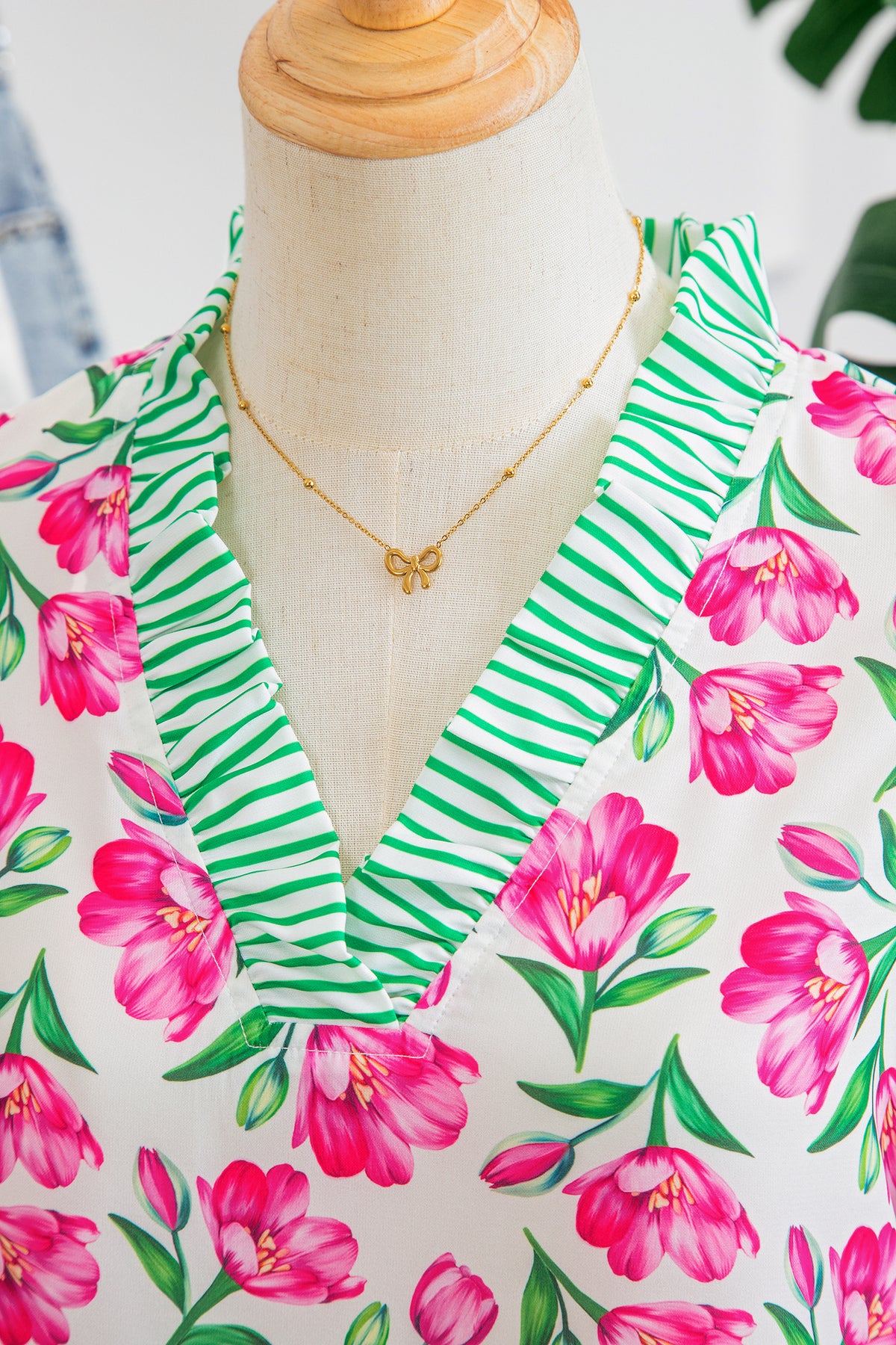 Multicolour Sweet Floral Print Striped Ruffle Trim V Neck Blouse
