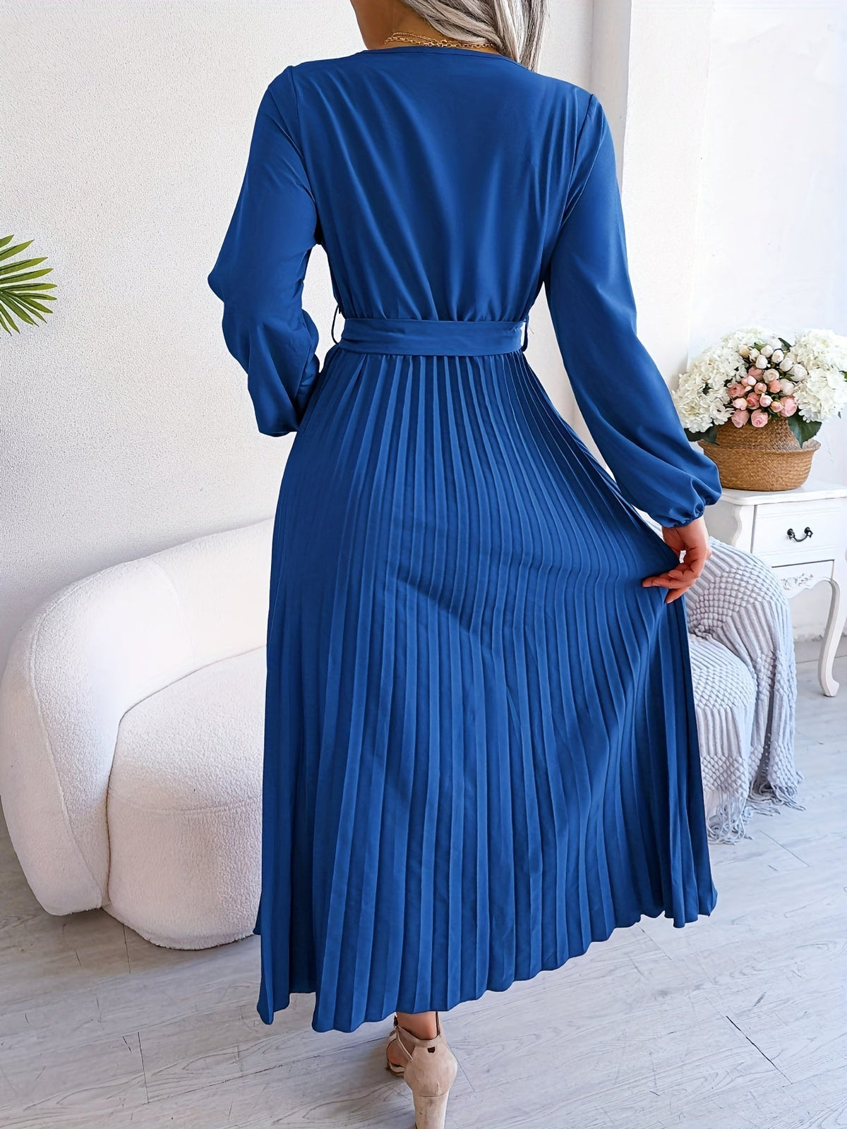 Pleated Surplice Neck Dress, Elegant Long Sleeve Solid Dress, Women's Clothing