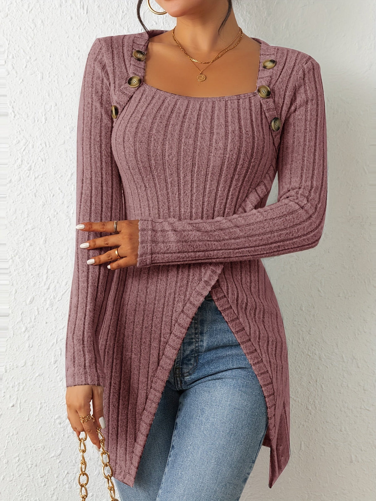 Button Decor Asymmetrical Hem T-Shirt, Casual Ribbed Long Sleeve Top