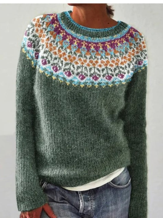 Elegant Color-Block Round Neck Long Sleeve Pullover Sweater