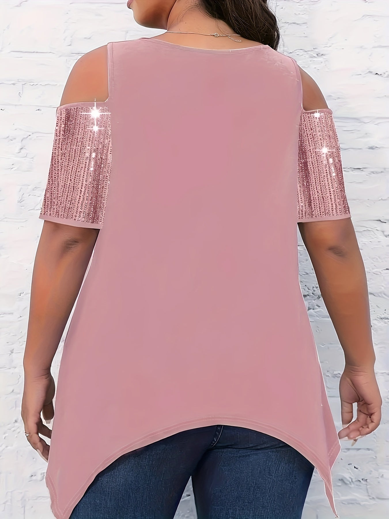 Casual Blouse, Women's Plain Rhinestone Cut Out Cold Shoulder Asymmetrical Hem Blouse