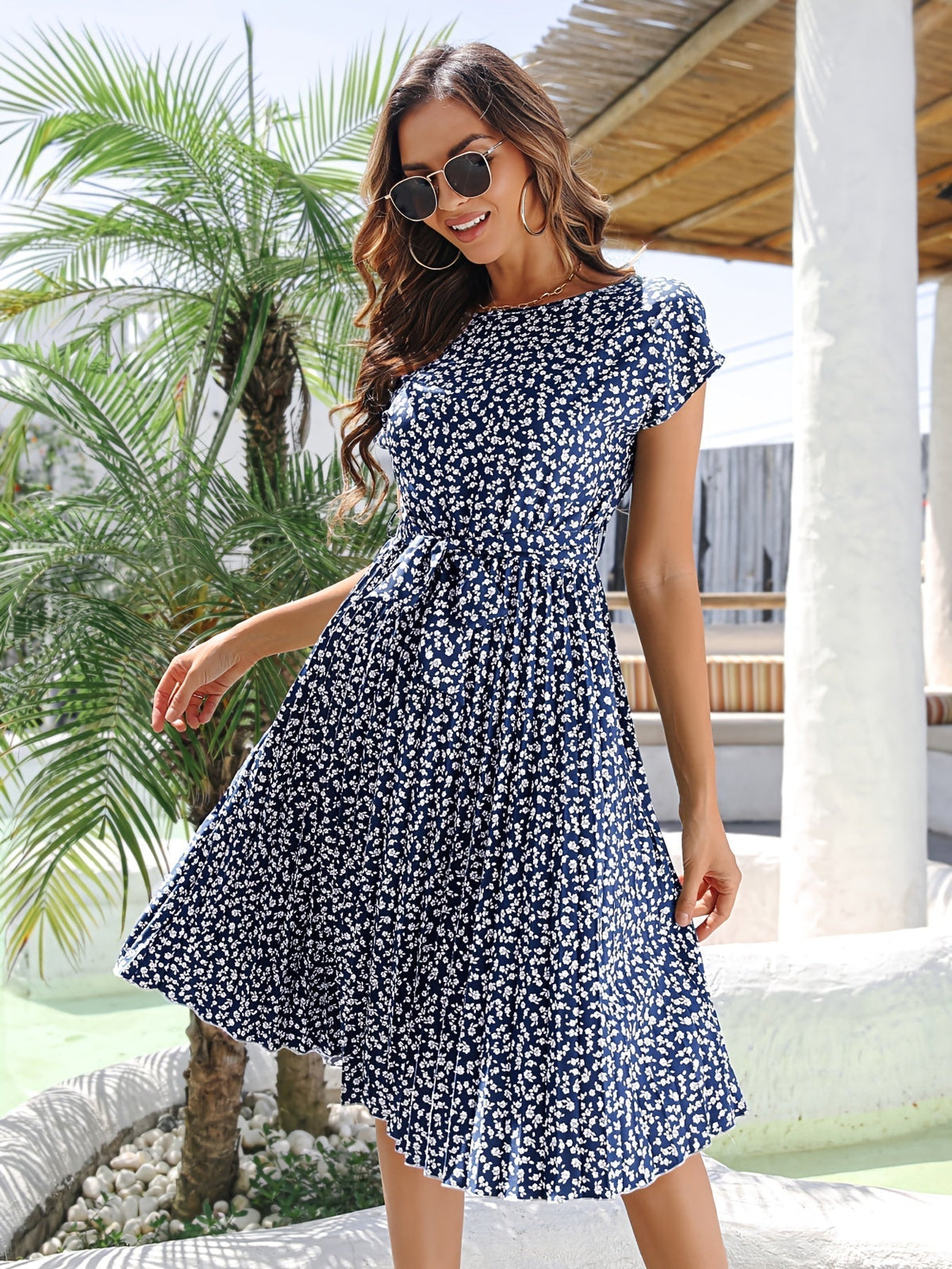 Ditsy Floral Print Belted Dress, Short Sleeve Casual Every Day Vacation Dress