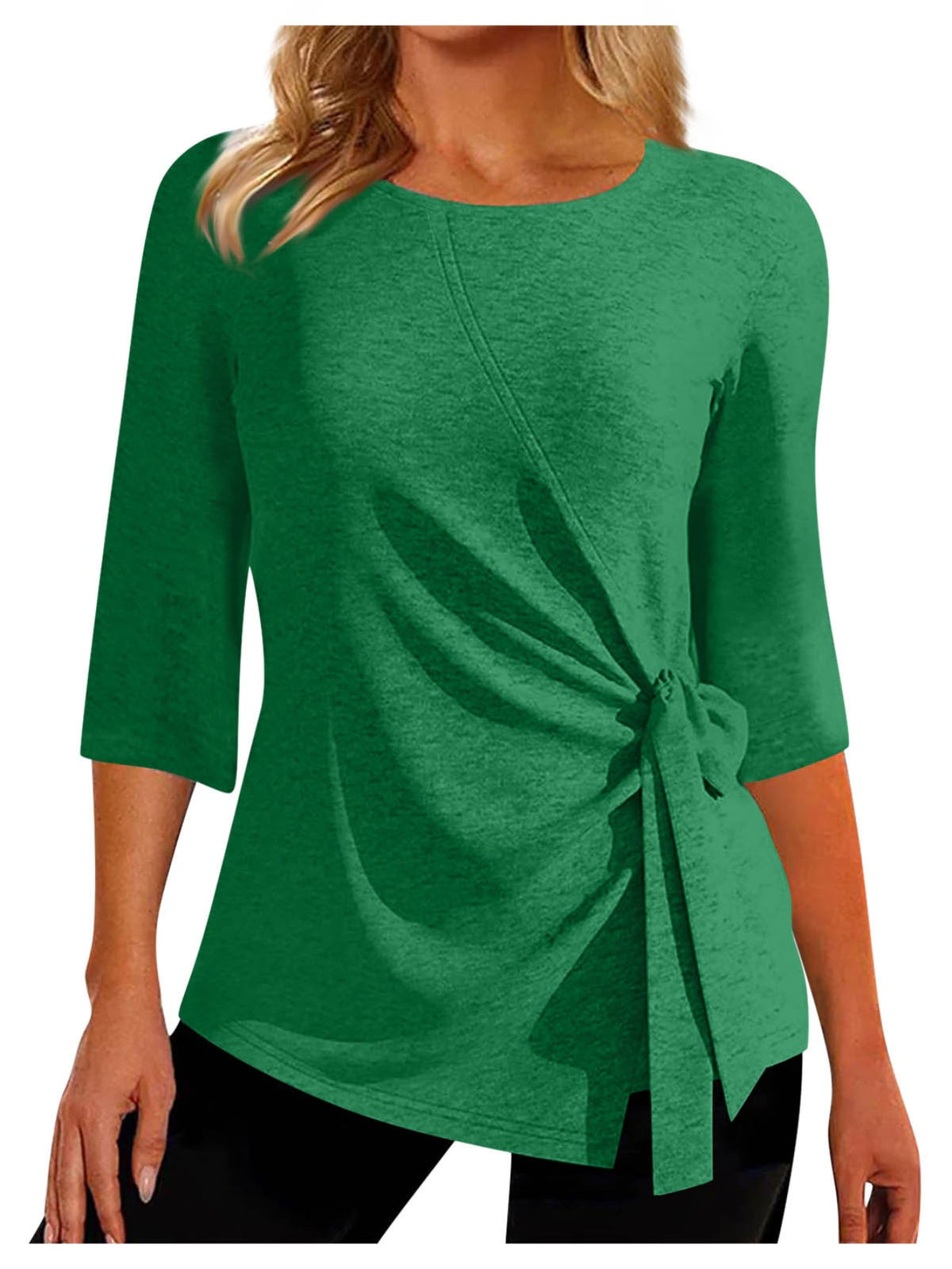 Solid Ruched Tie Front Top, Casual Three-quarter Sleeve Top