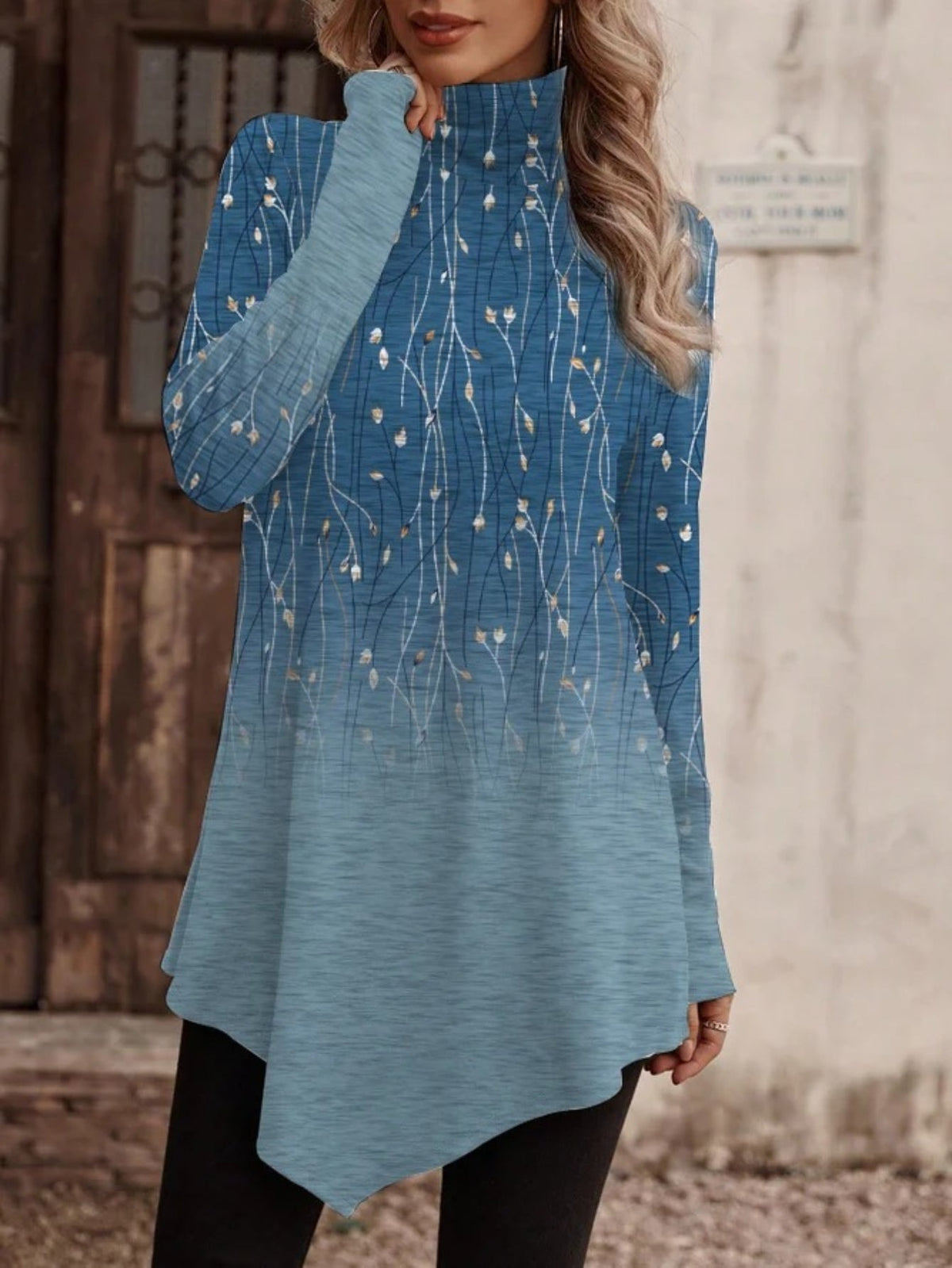 Ethnic Floral Print High Neck Tunics, Boho Long Sleeve Tunic Tops
