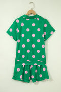 Green Polka Dot Print V Neck Tee Short Set