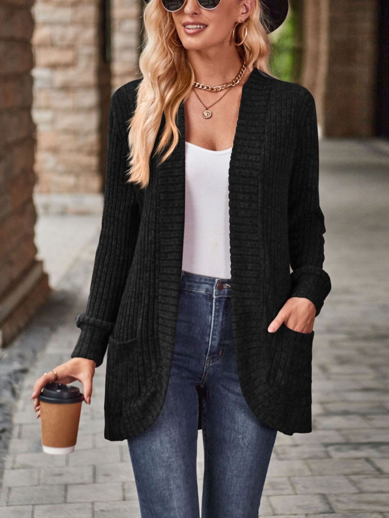 Loose Fit Long Sleeve Open Collar Casual Blouse with Side Pockets