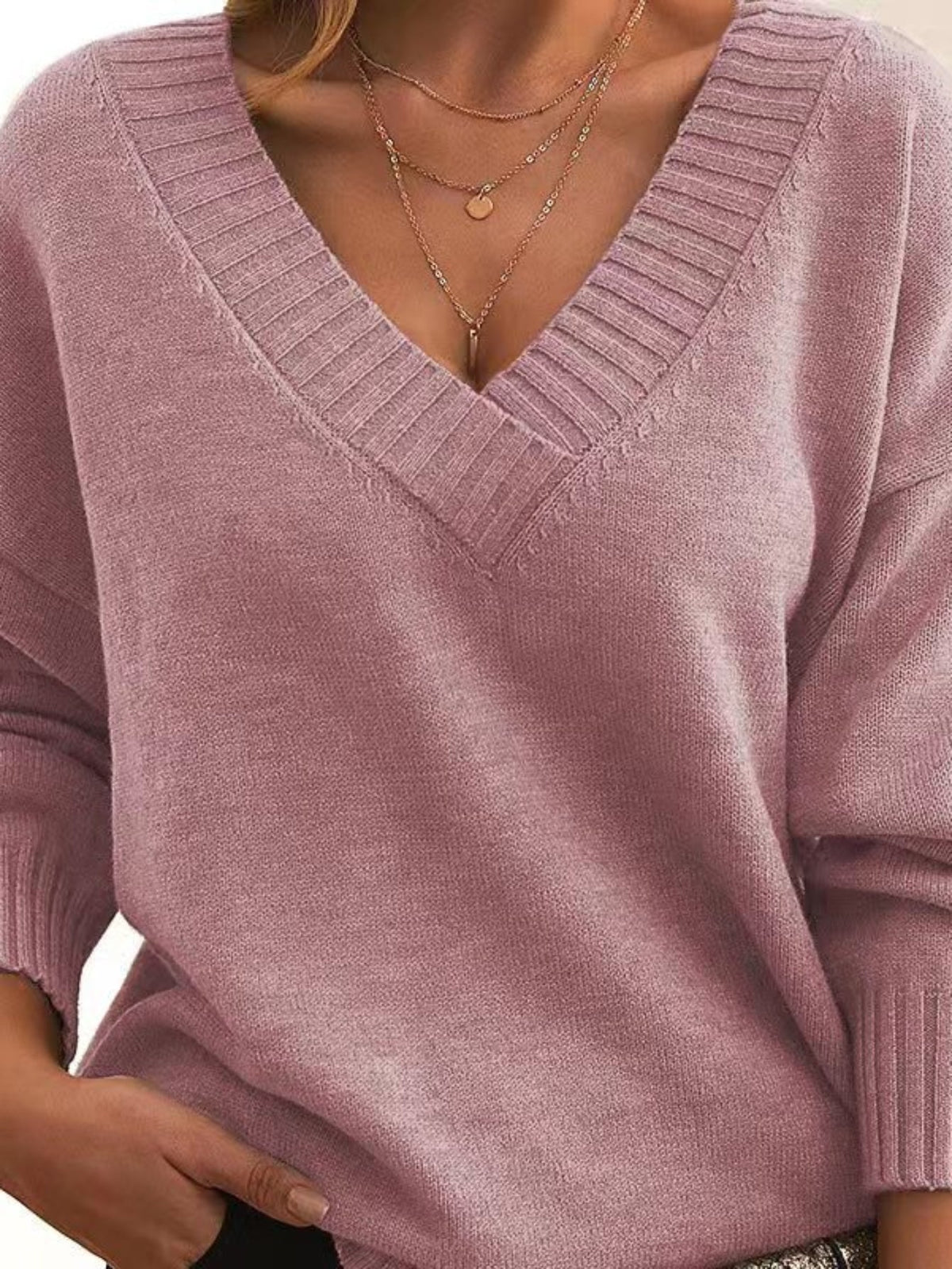Solid Simple Knit Sweater, Casual V Neck Long Sleeve Sweater