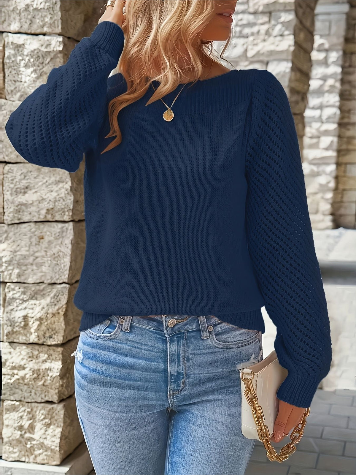 Middle Eastern Style Long Sleeve Solid Color Crew Neck Pullover Sweater
