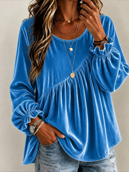Round Neck Long Sleeve Velvet Blouse with Asymmetric Gathered Detail
