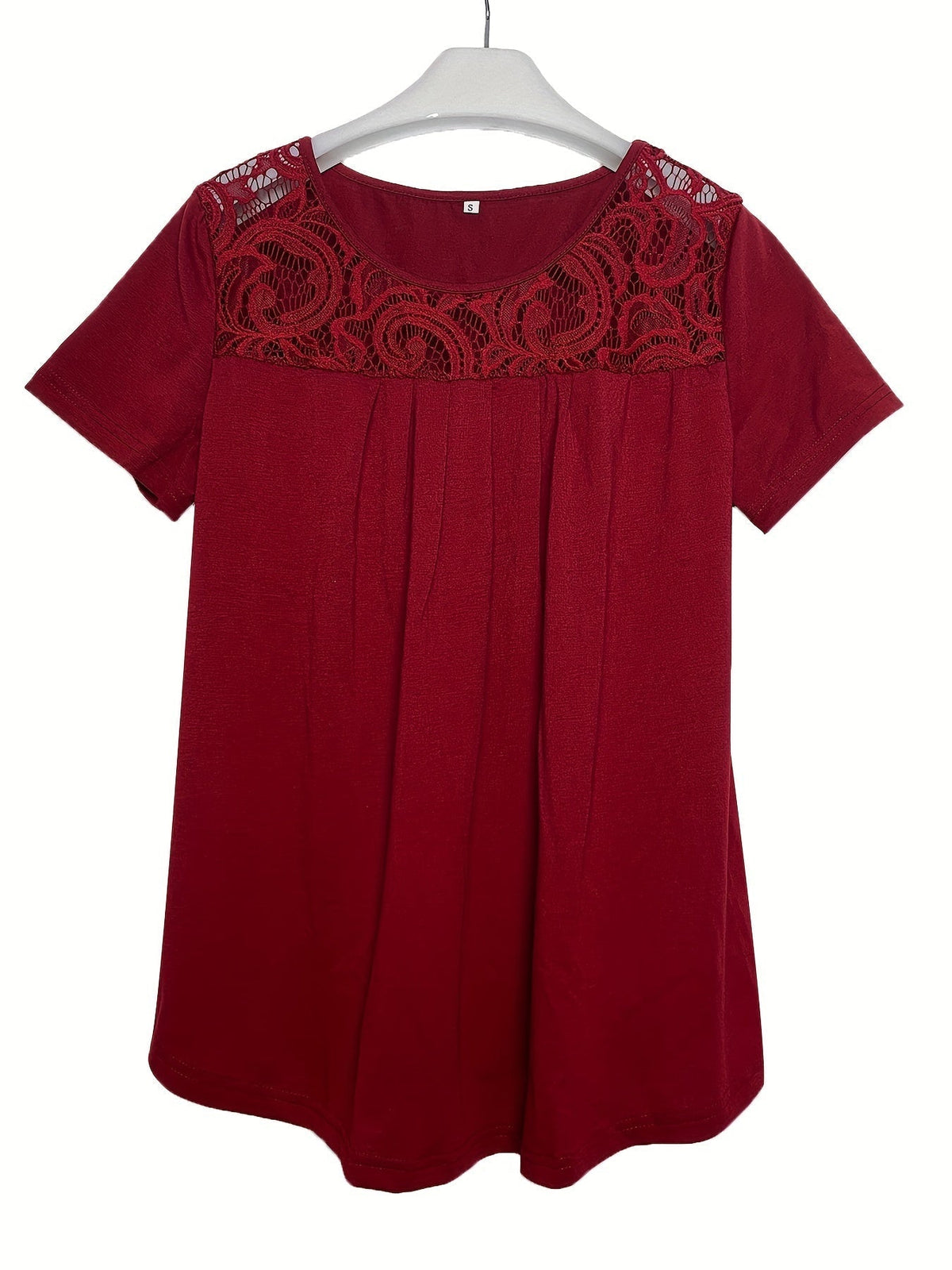 Women's Contrast Lace Ruched T-Shirt - Casual Short Sleeve Top