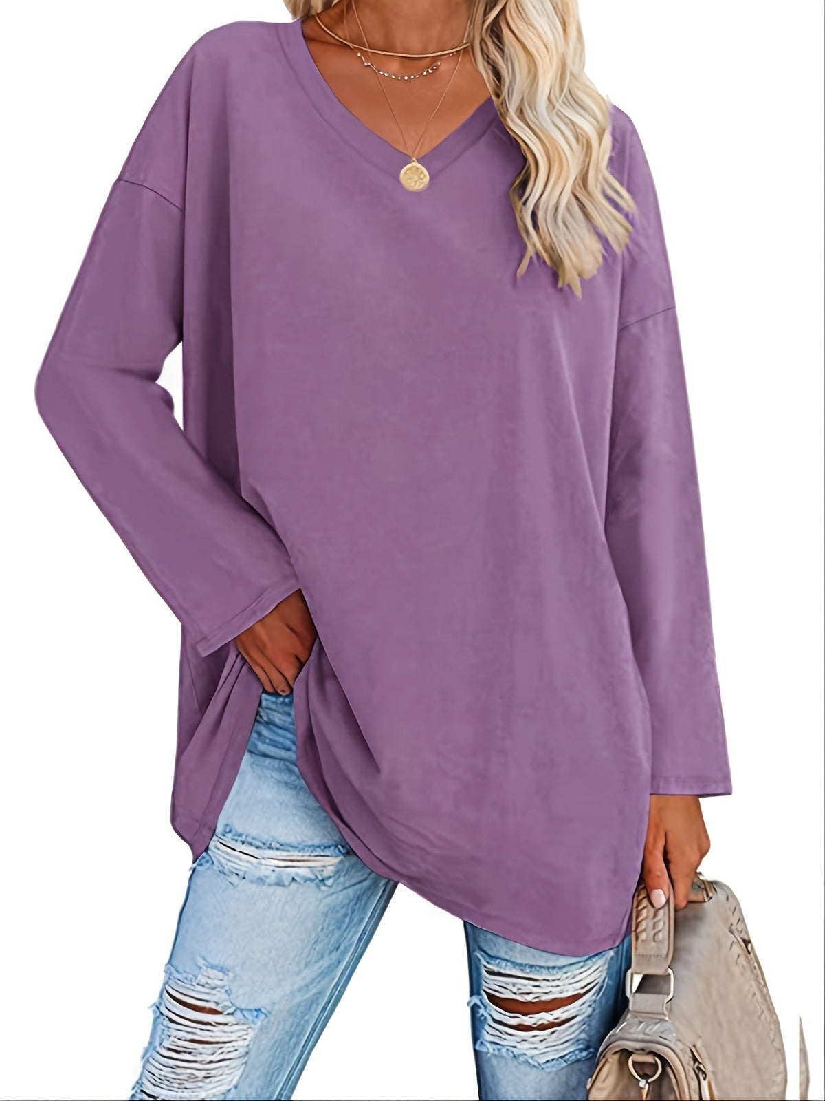 Women's Solid Color Oversized Tops, V-Neck Long Sleeve T-Shirts, Casual Loose Shirts