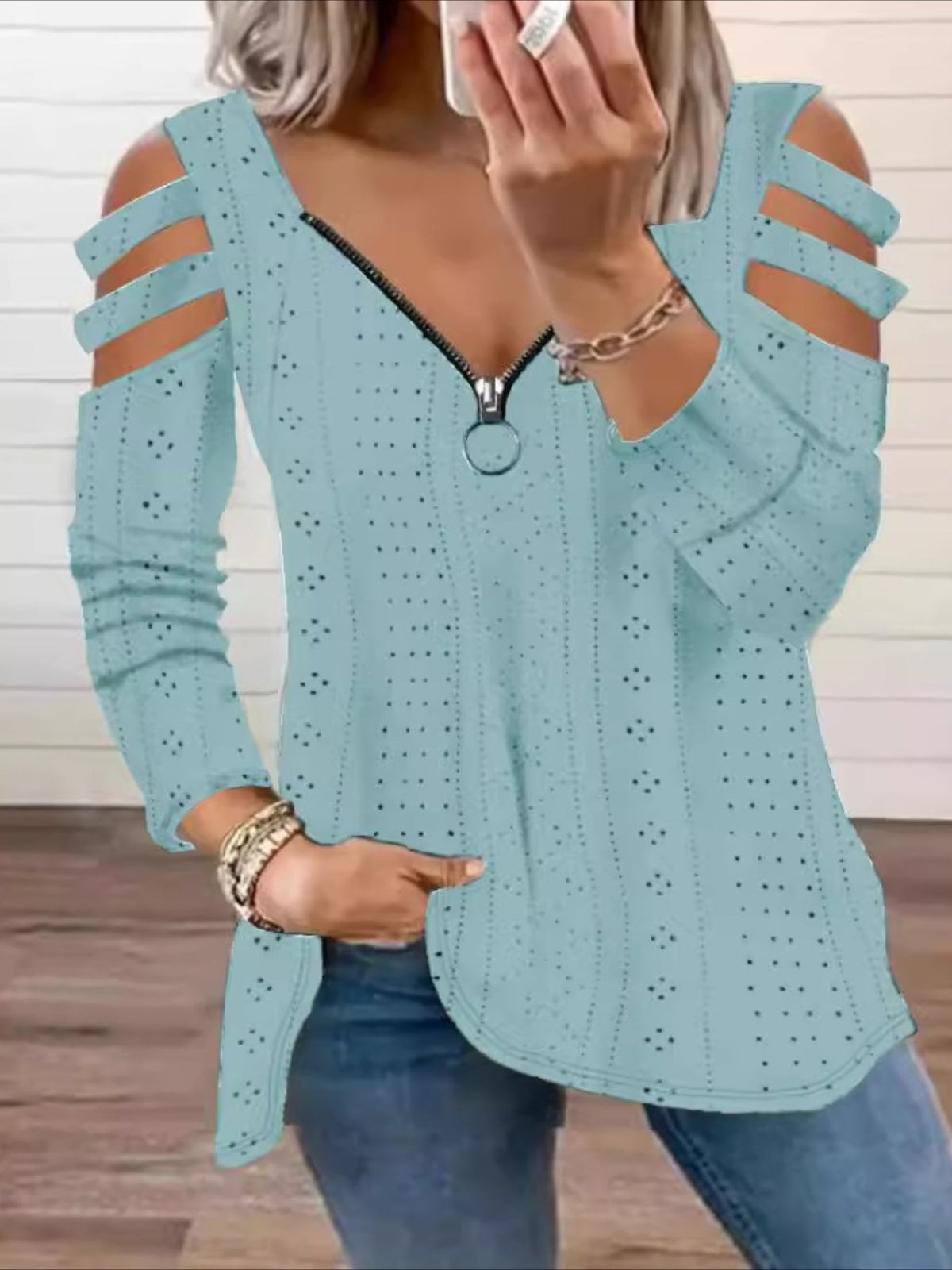 Eyelet Zipper T-Shirt, Casual Cut Out Short Sleeve Top