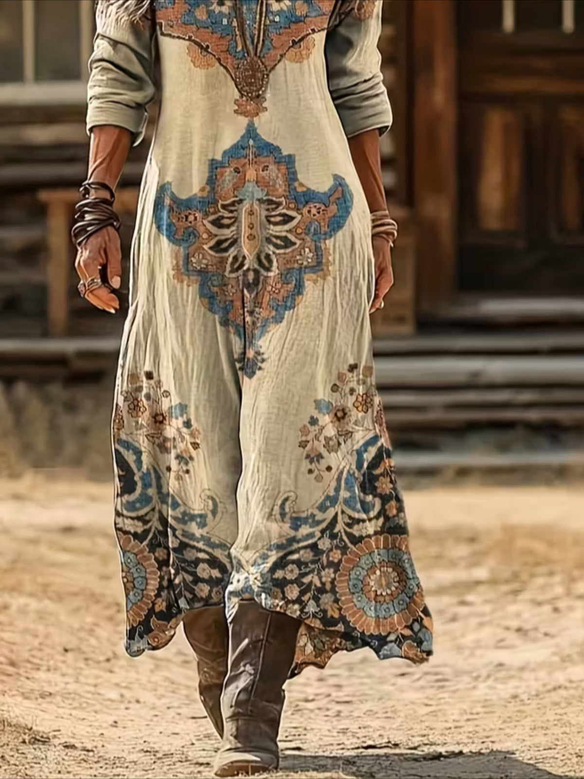 Vintage Ethnic Floral Digital Print Long Sleeve Dress