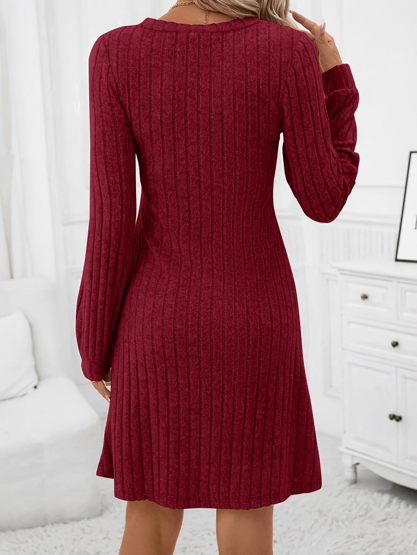Long Sleeve Ribbed Solid Color Elegant V-neck A-line Dress