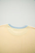 Yellow Cream Soft Ribbed Color Block Trim Casual Short Set