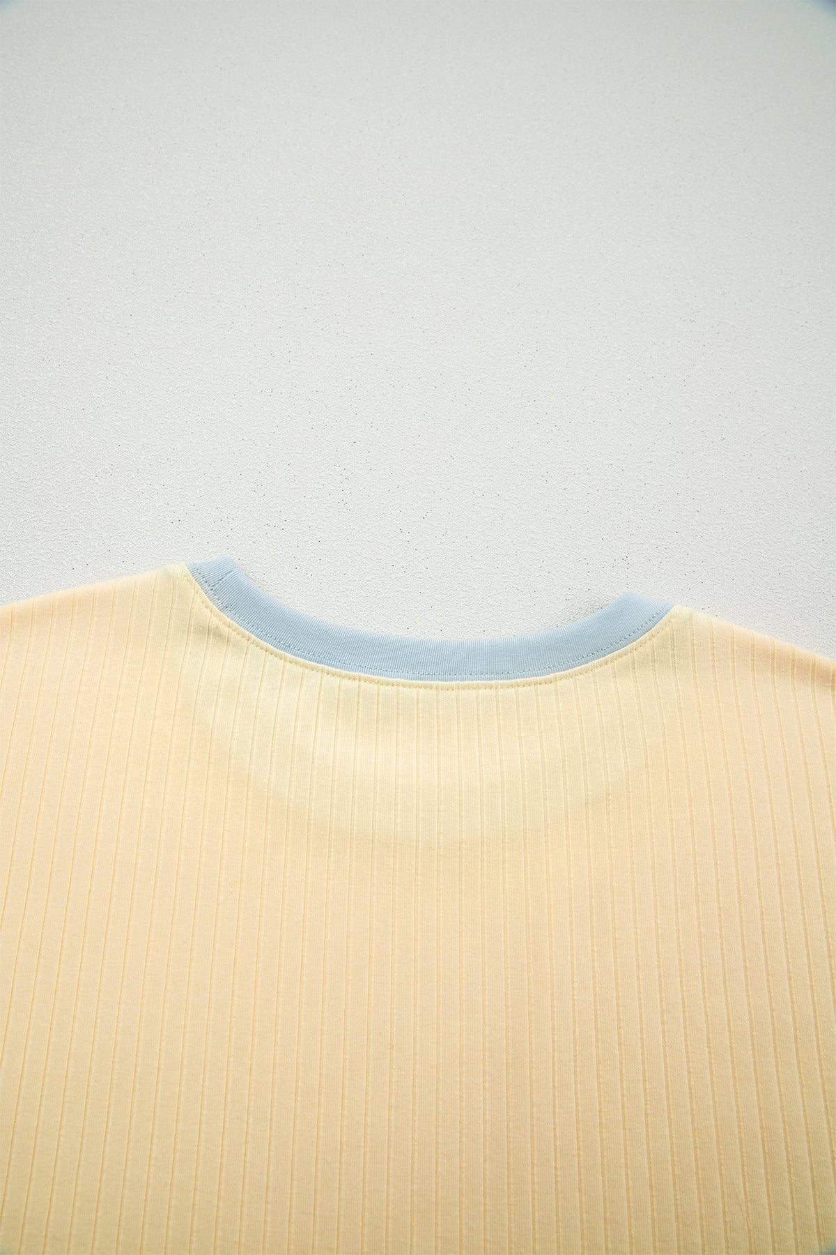 Yellow Cream Soft Ribbed Color Block Trim Casual Short Set