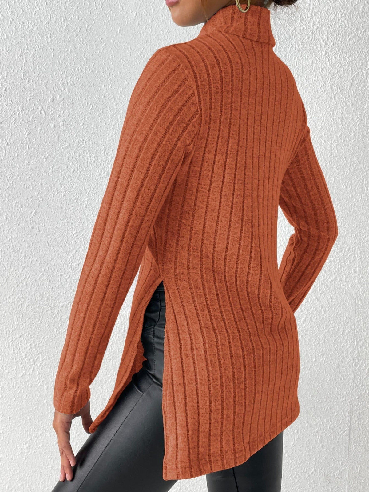 Solid Turtle Neck Rib Knit Top, Casual Long Sleeve Split Top