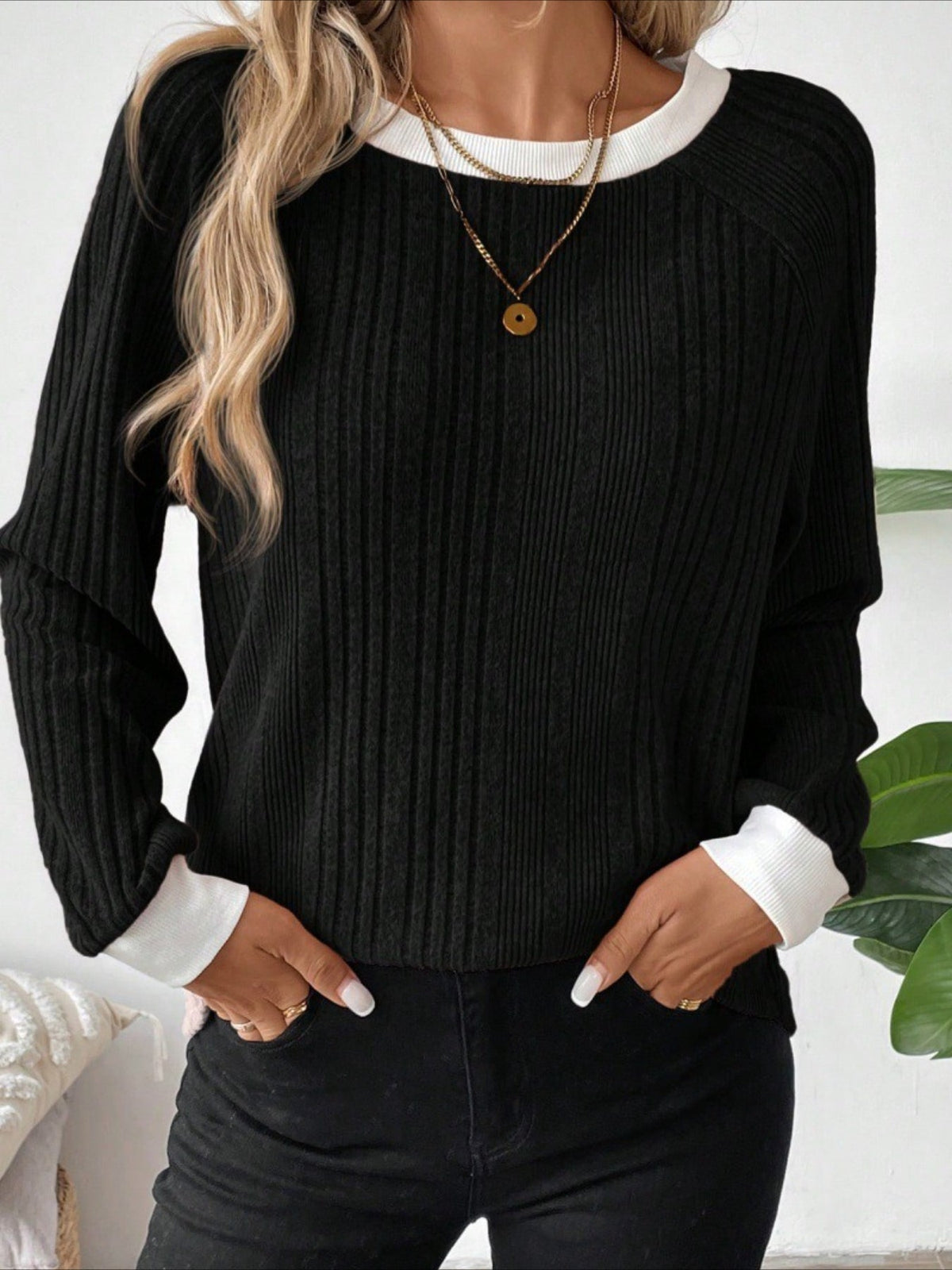 Long Sleeve Pullover with Elegant Contrast Collar Top