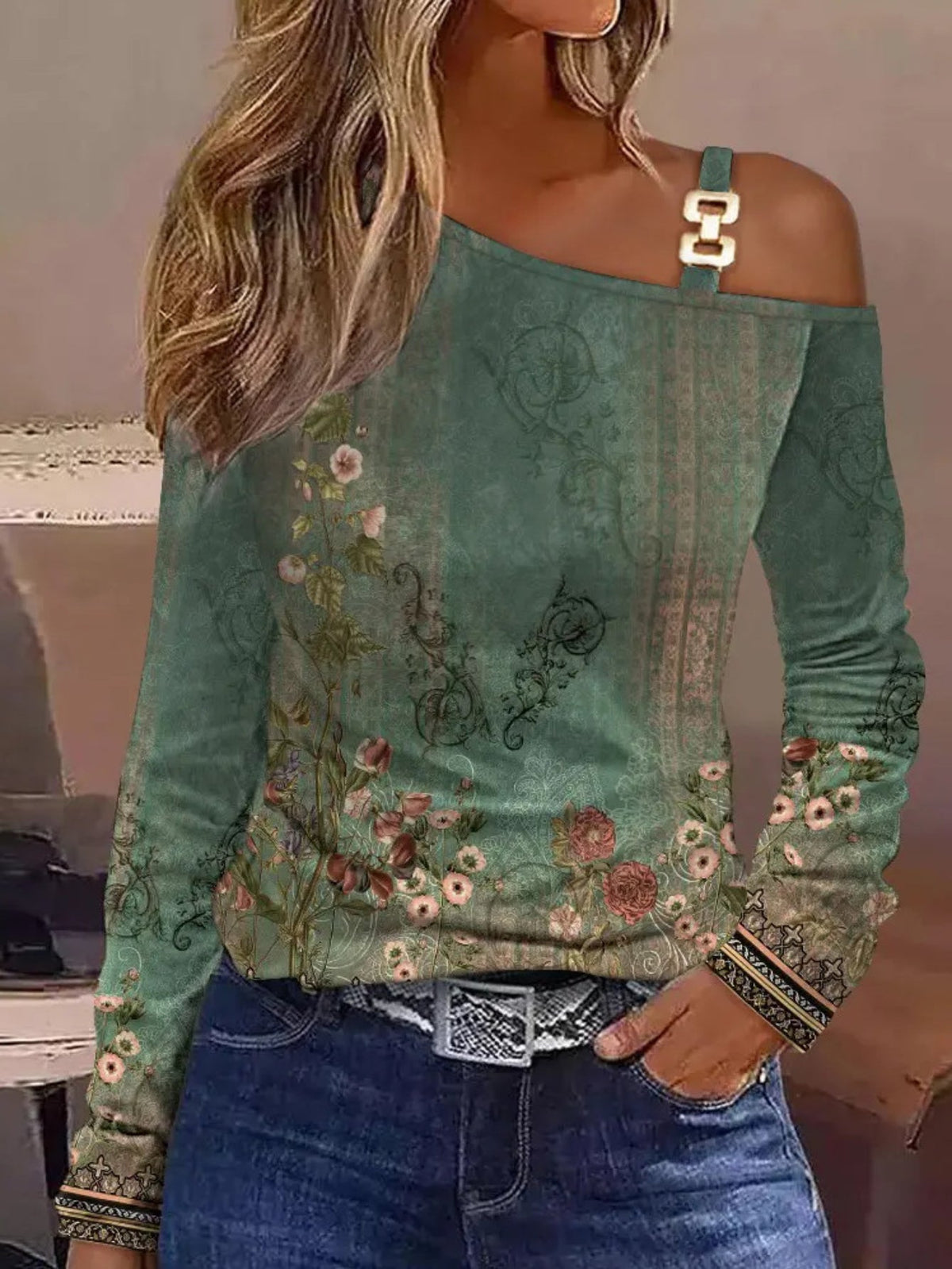 Cutout Lace Stitching Cold Shoulder T-Shirt, Casual Long Sleeve Top
