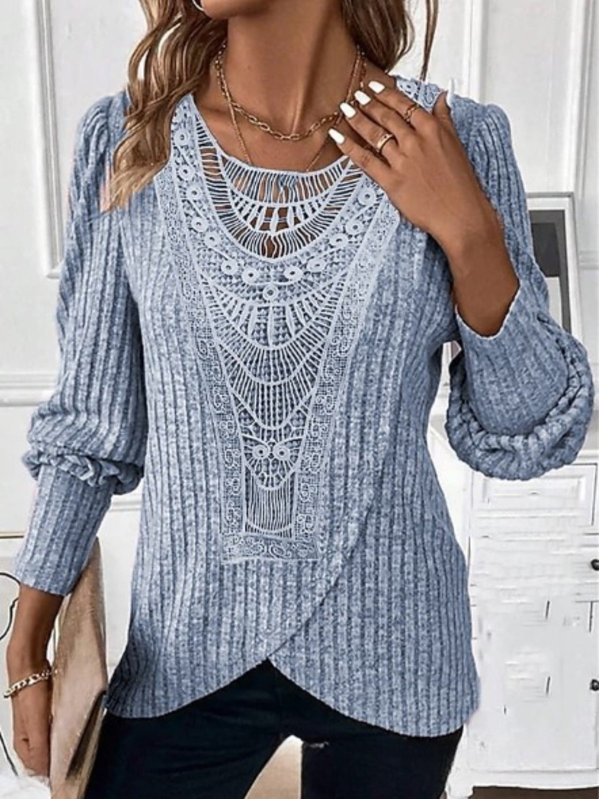 Casual Contrast Lace Round Neck Long Sleeve T-Shirt