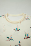 Beige Mallard Duck Print Oversized Tee Drawstring Short Set