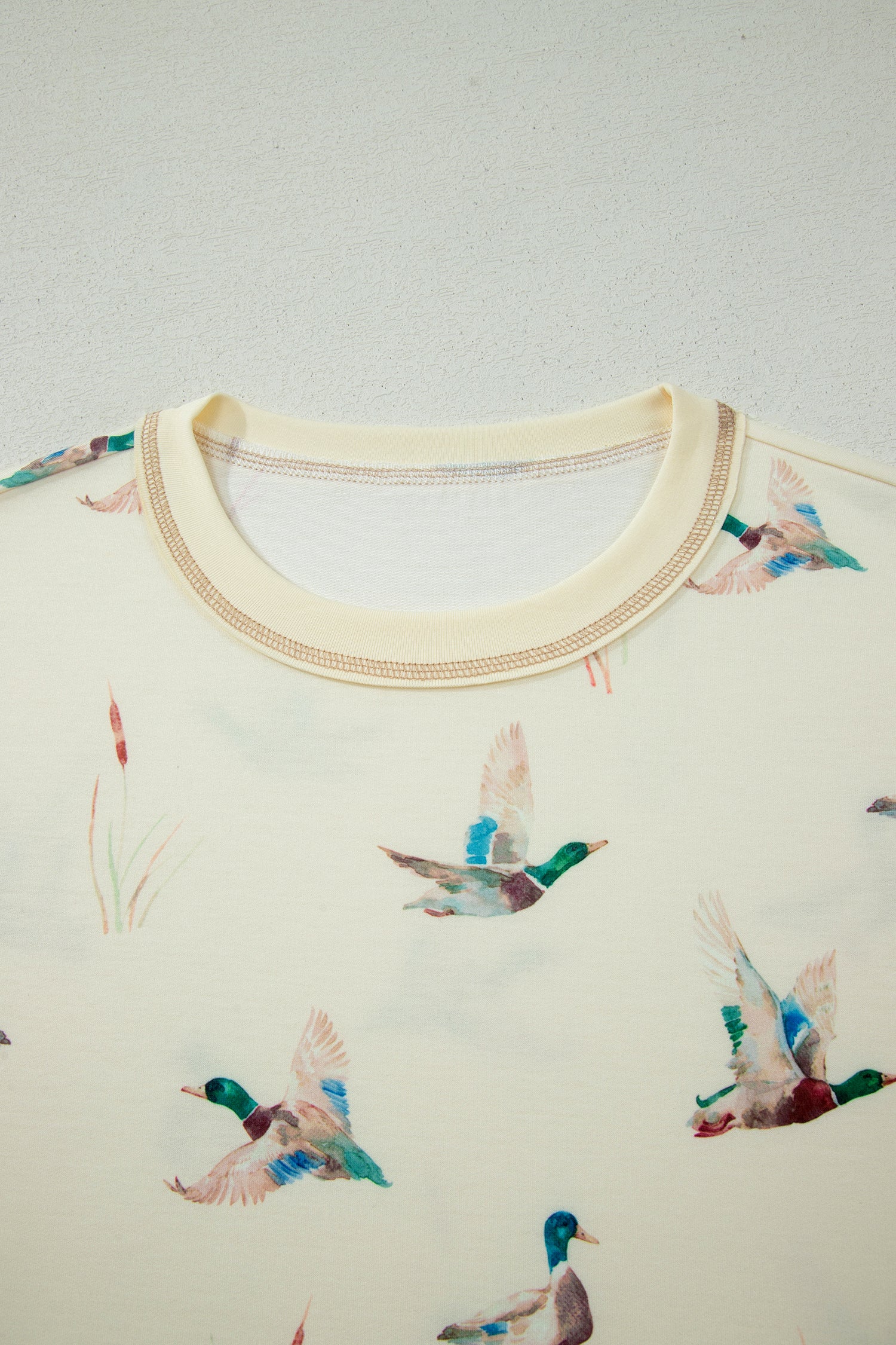 Beige Mallard Duck Print Oversized Tee Drawstring Short Set