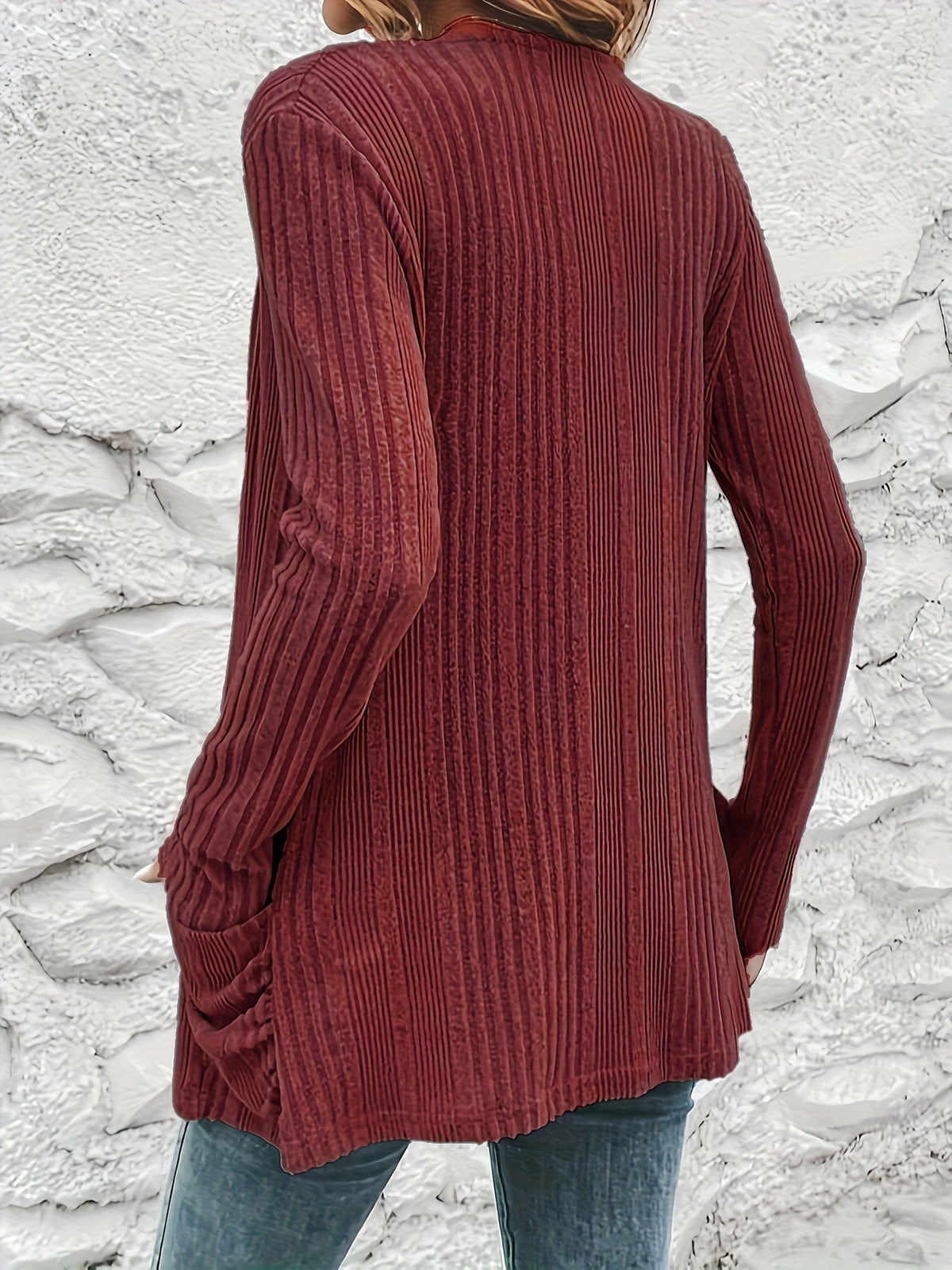 Solid Open Front Rib Knit Cardigan, Casual Long Sleeve Slim Cardigan With Pocket