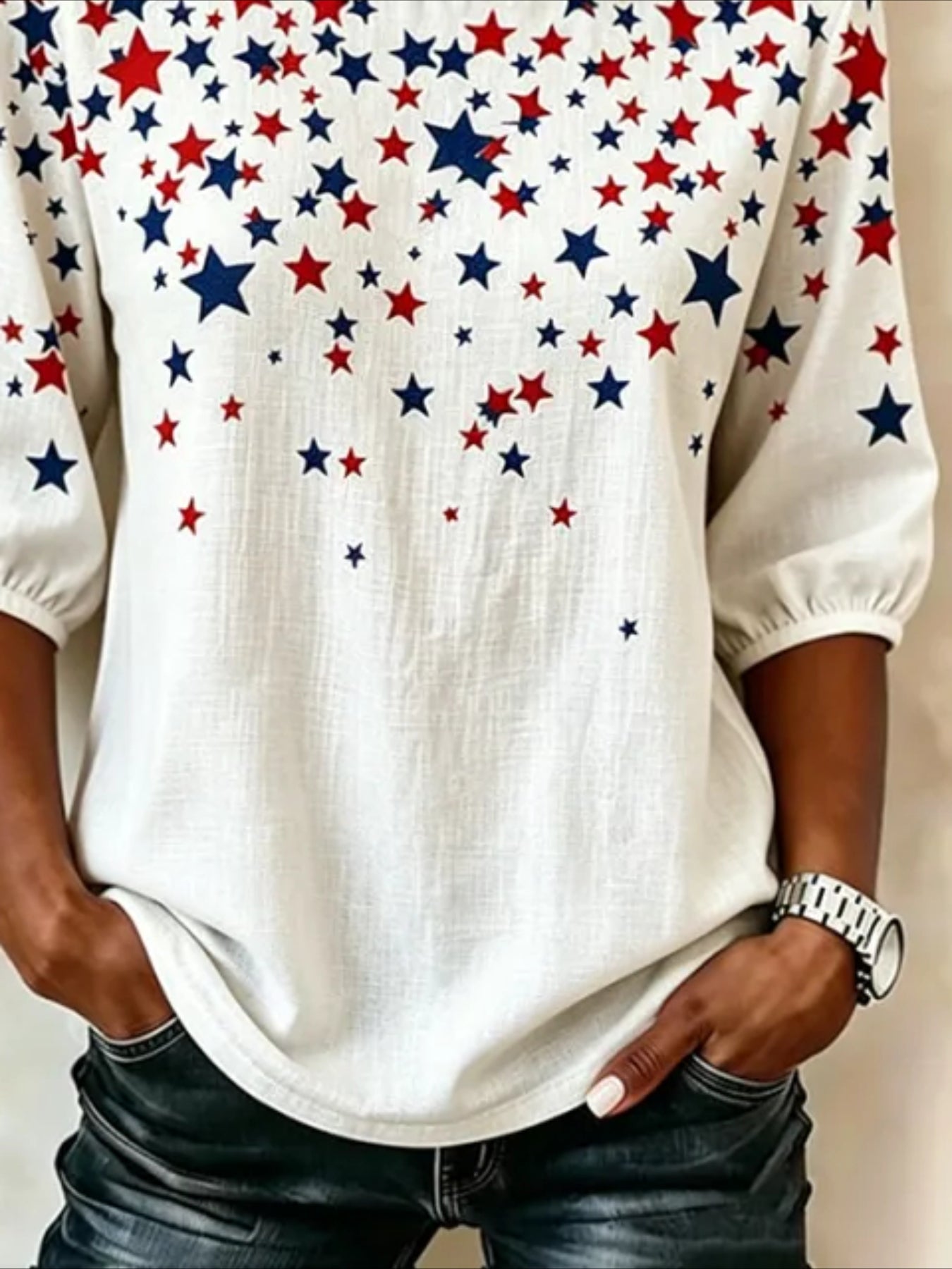 Crew Neck Half Sleeve Star Printing Regular Blouse