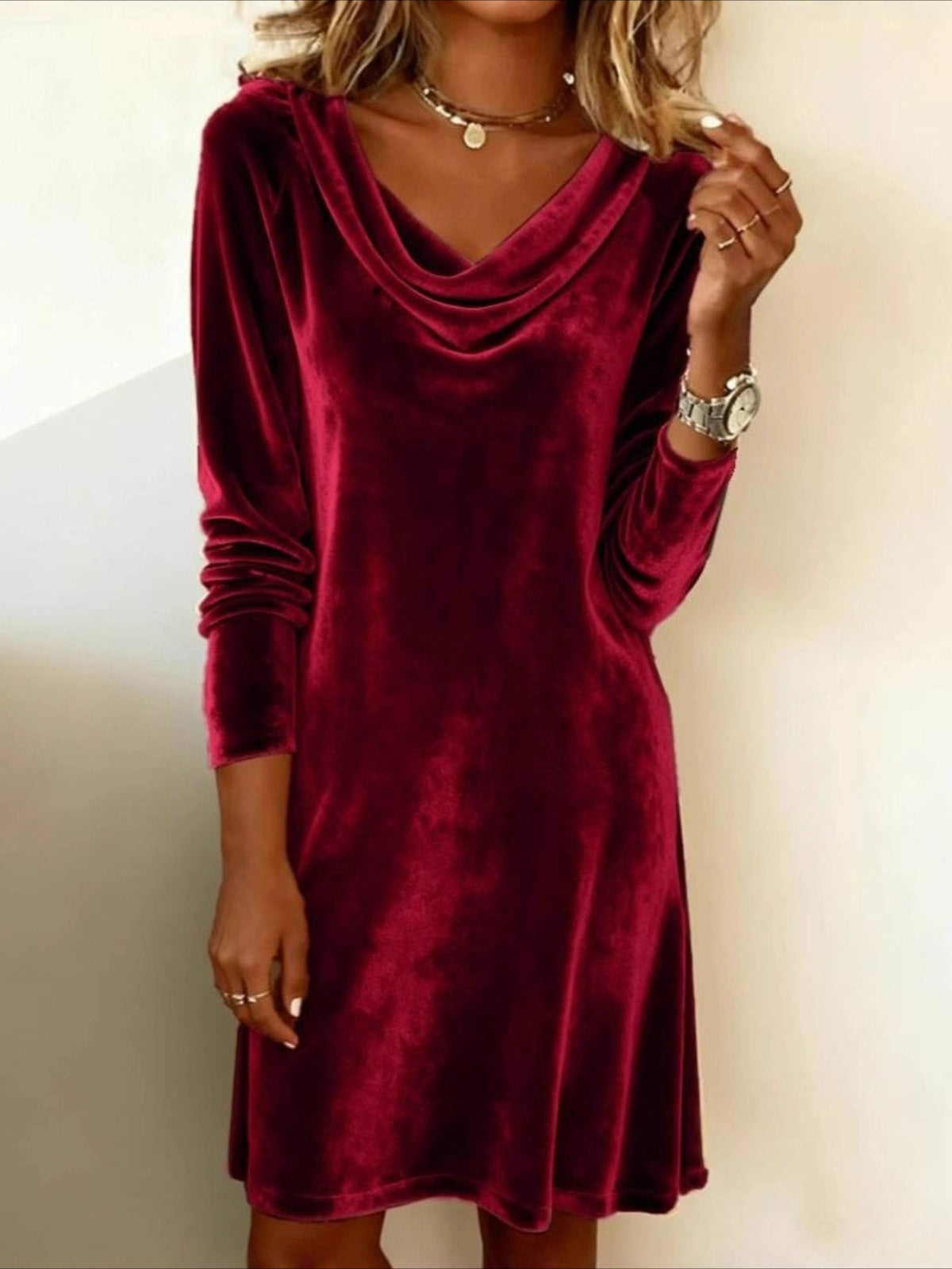 Long Sleeve Spring/Fall Golden Plain Split Joint Mini A-Line Fit & Flare Dress