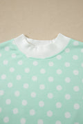 Green Polka Dot Print Color Block Trim Mock Neck Short Set