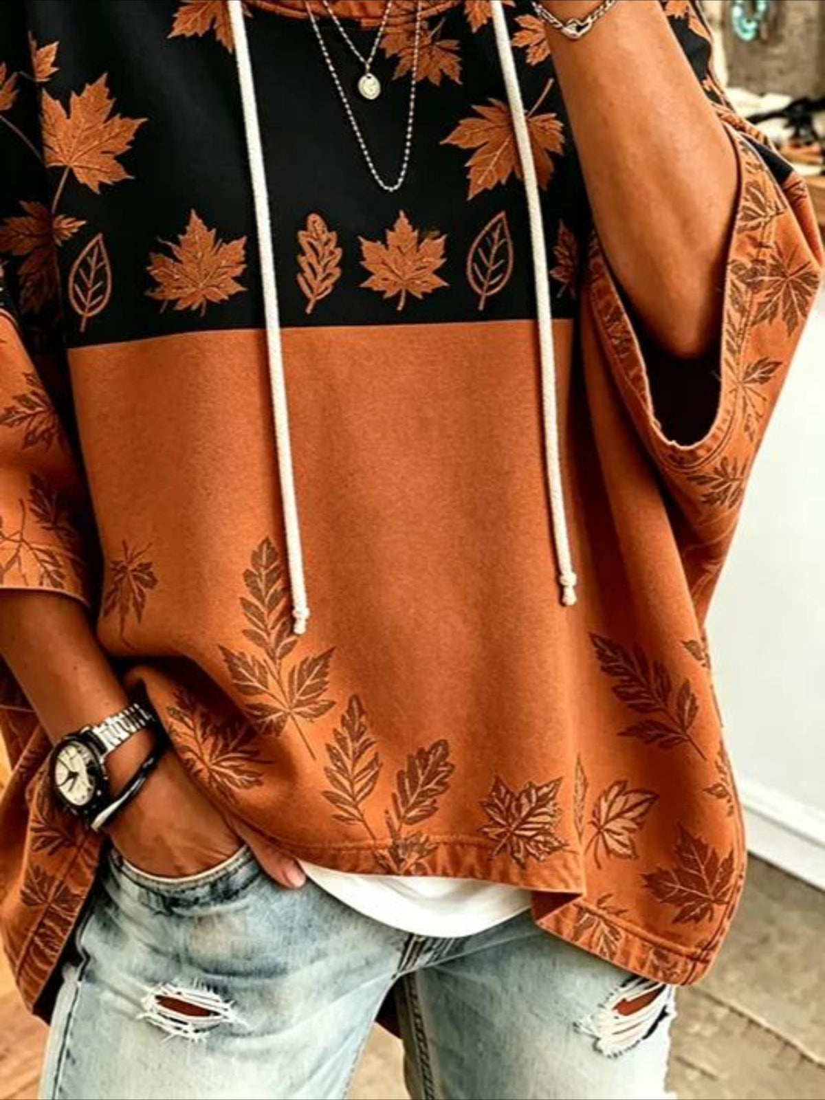 Maple Leaf Casual Loose Printing Half Sleeve Hoodie