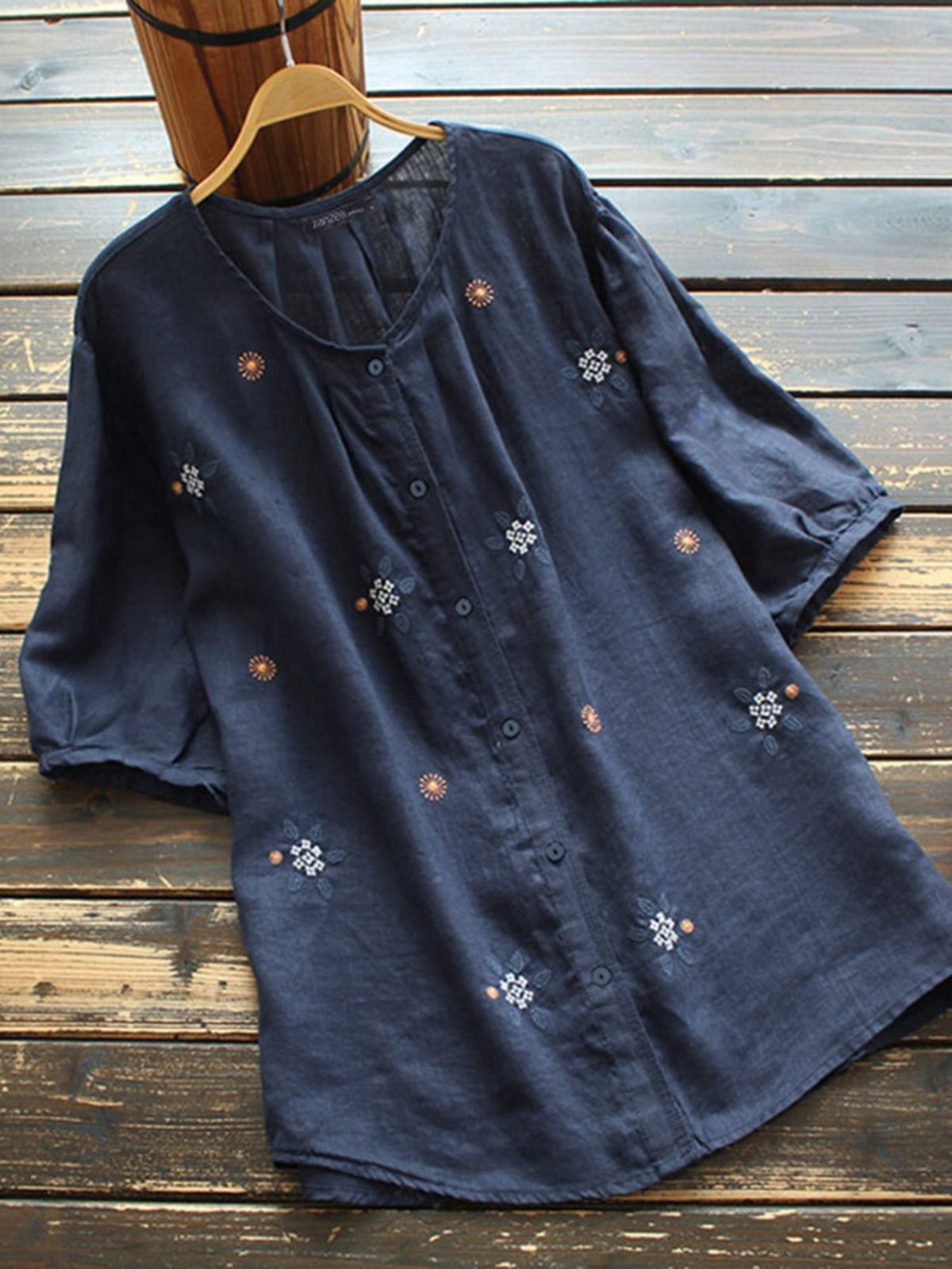 Floral Embroidered Button Front Blouse, Casual Short Sleeve Blouse